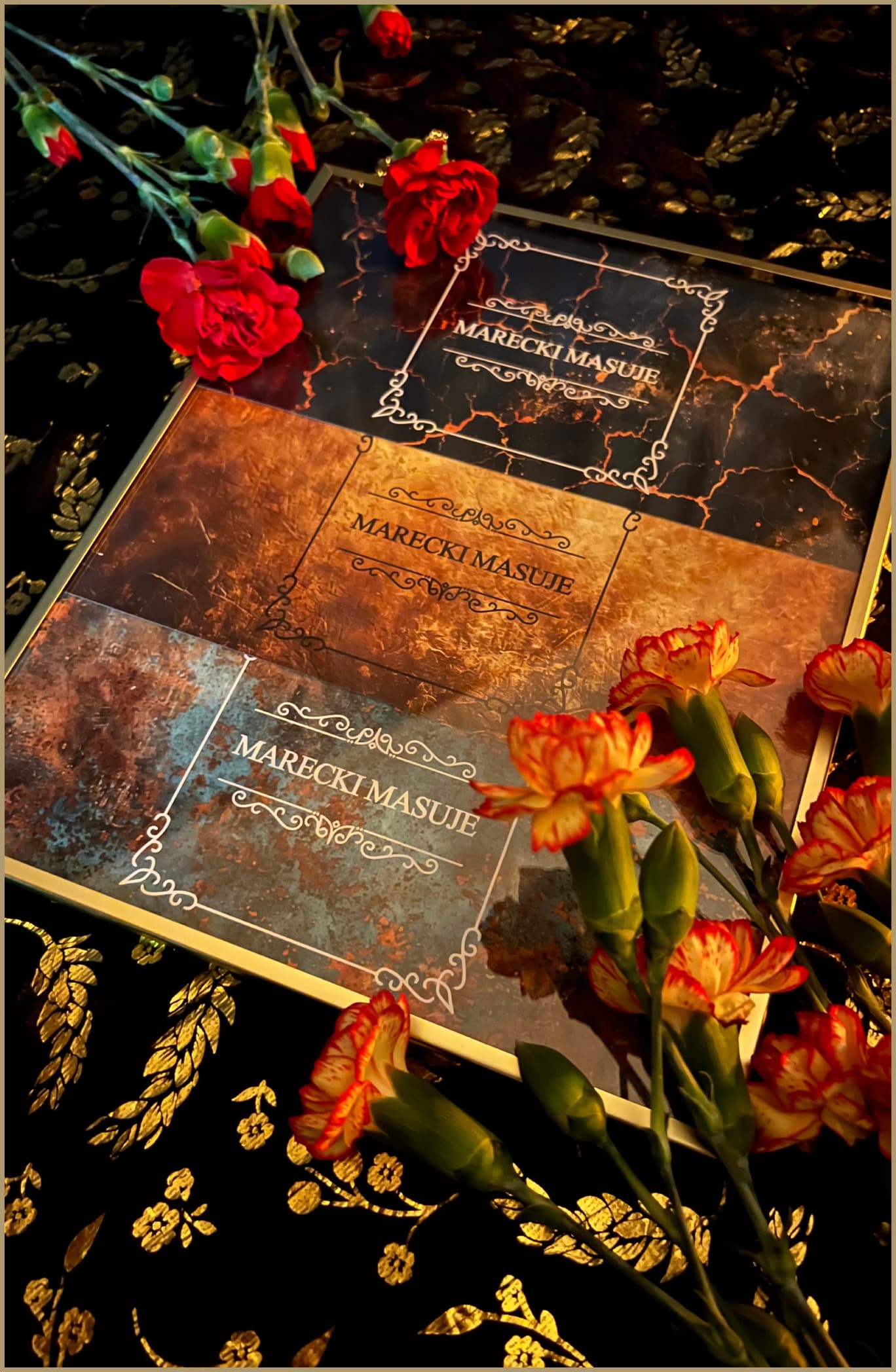 Copper bowls with spa treatments on a tray with decorative lighting